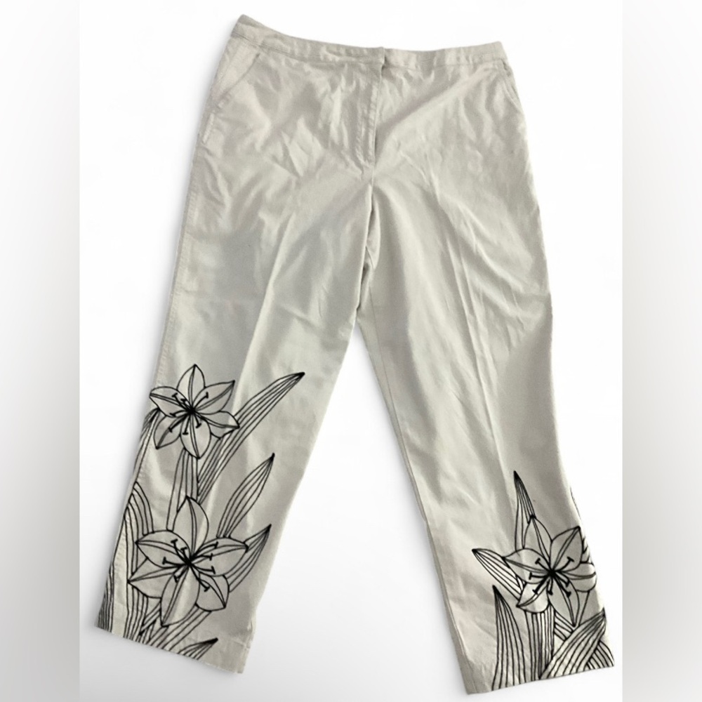 Talbots Floral Embroidered Straight Leg Pants Cream Black Size 16